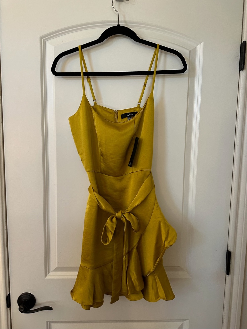 Lulu's Mustard Satin Tie-Front Mini Dress